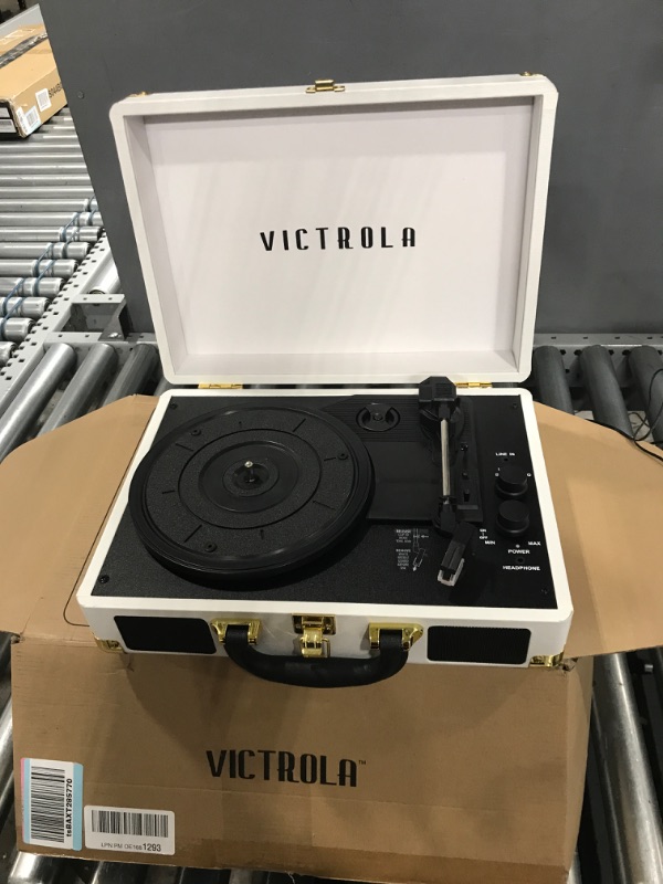 Photo 4 of Victrola Vintage 3-Speed Bluetooth Portable Suitcase Record Player with Built-in Speakers | Upgraded Turntable Audio Sound| White (VSC-550BT-WH) White Record Player