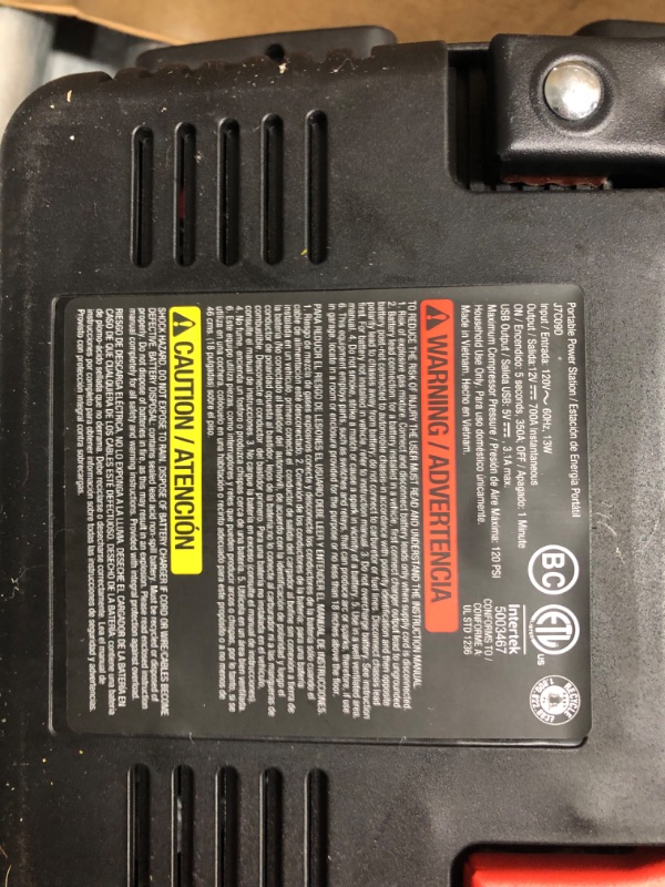 Photo 2 of STANLEY J7C09D Digital Portable Power Station Jump Starter: 1400/700 Instant Amps, 120 PSI Air Compressor, 3.1A USB Ports, Battery Clamps
