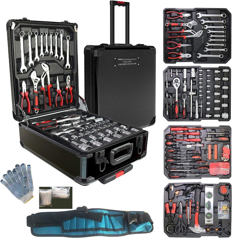 Photo 1 of Arcwares 799pcs Aluminum Trolley Case Tool Set Silver, House Repair Kit Set, Household Hand Tool Set, with Tool Belt,Gift on Father's Day (Black)
