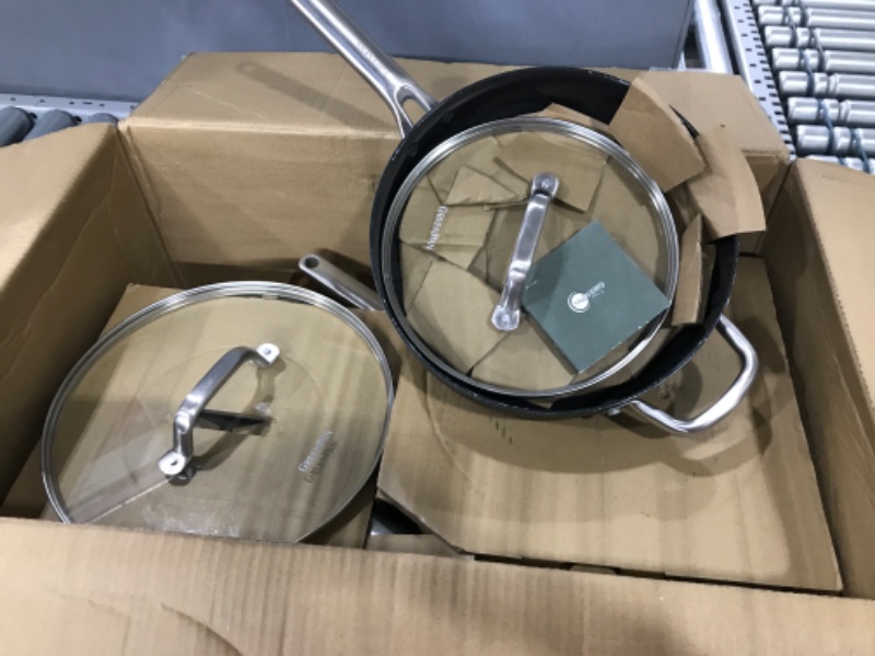 Photo 3 of *** NEW *** **** SHIPPING DAMAGE ****
GreenPan Omega Hard Anodized Advanced Healthy Ceramic Nonstick, 8" 9.5" and 11" 3 Piece Frying Pan Skillet Set, Anti-Warping Induction Base, Dishwasher Safe, Oven & Broiler Safe, Black 8", 9.5", 11" 3 Piece Frying Pan
