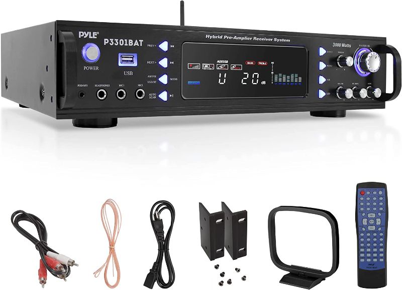 Photo 1 of Wireless Bluetooth Home Stereo Amplifier - Hybrid Multi-Channel 3000 Watt Power Amplifier Home Audio Receiver System w/ AM/FM Radio, MP3/USB,AUX,RCA Karaoke Mic in - Rack Mount, Remote - P3301BAT
