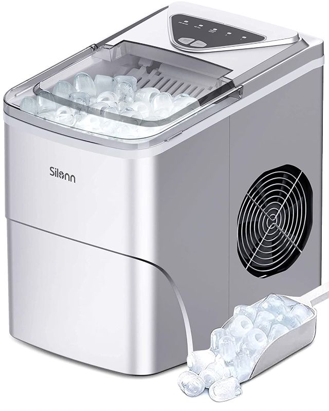 Photo 1 of Silonn Ice Makers Countertop, 9 Cubes Ready in 6 Mins, 26lbs in 24Hrs, Self-Cleaning Ice Machine with Ice Scoop and Basket, 2 Sizes of Bullet Ice for Home Kitchen Office Bar Party
