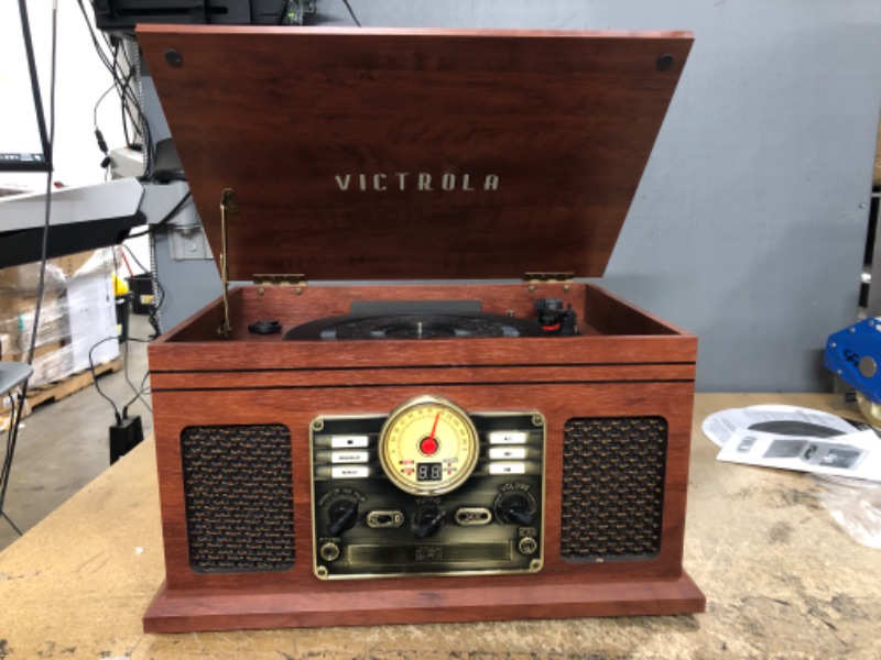 Photo 2 of TESTED FM RADIO WORKS**Victrola Nostalgic 7-in-1 Bluetooth Record Player & Multimedia Center with Built-in Speakers - 3-Speed Turntable, CD & Cassette Player, AM/FM Radio, USB | Wireless Music Streaming | Mahogany
