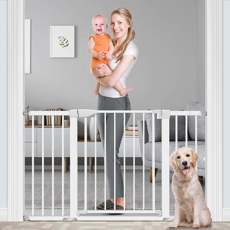 Photo 1 of **used-loose hardware**
Baby Gate for Doorways and Stairs, RONBEI 51.5" Auto Close Safety Baby Gate for Kids and Pets, Extra Wide Child Gate Dog Gates for The House, Heavy Duty Metal Walk Through Door (White)
