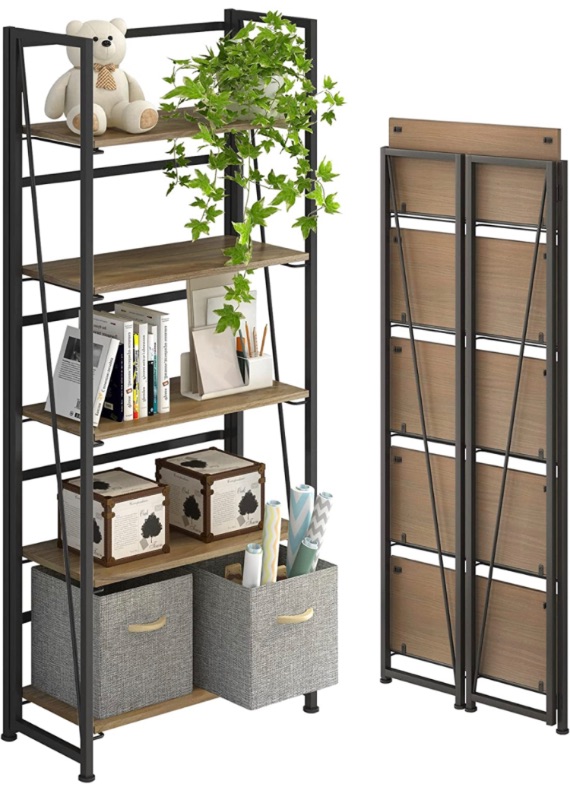 Photo 1 of 4NM No-Assembly Folding Bookshelf Storage Shelves 5 Tiers Vintage Bookcase Standing Racks Study Organizer Home Office (Brown and Black)