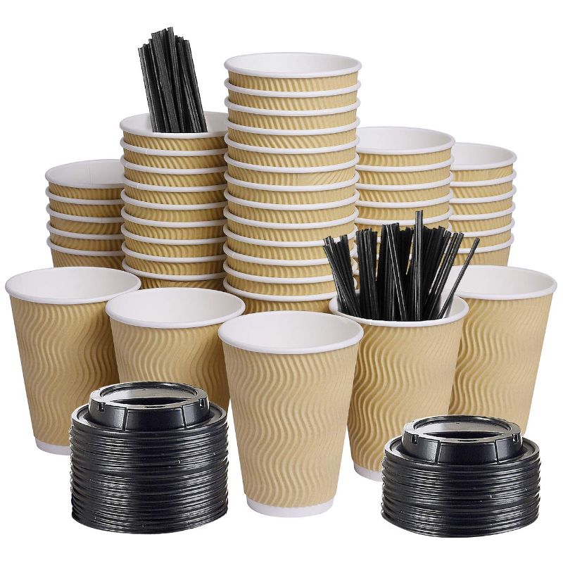 Photo 1 of SPRINGPACK 12oz 100 Packs Insulated Kraft Ripple Wall Disposable To Go Paper Coffee Cups for Office Parties Home Travel Corrugated Sleeve Hot Drink Cups with Lids & Straws,100 Count 12 oz
