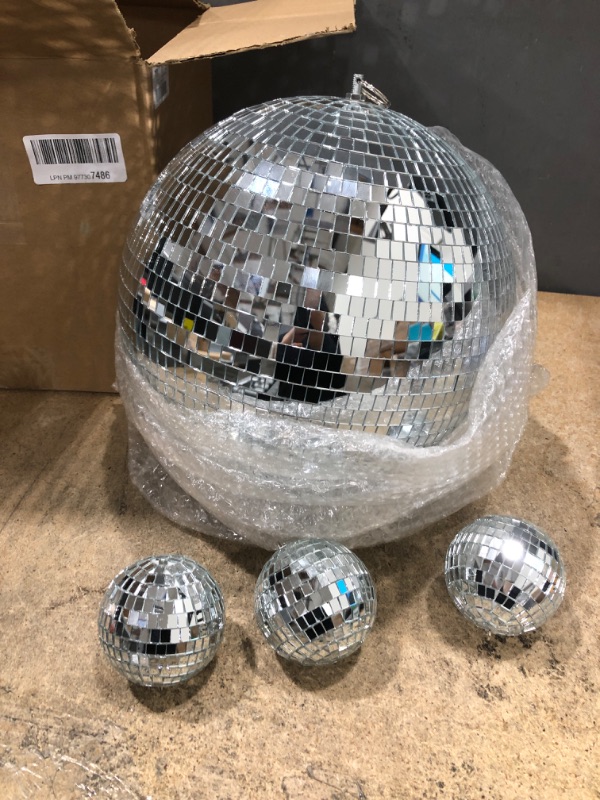 Photo 2 of 4 pack Large Disco Ball Silver Hanging Disco Balls Reflective Mirror Ball Ornament for Party Holiday Wedding Dance and Music Festivals Decor Club Stage Props DJ Decoration (12 Inch, 3 Inch)
