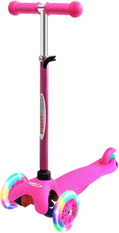 Photo 1 of ChromeWheels Scooter for Kids, Deluxe 3 Wheel Scooter for Toddlers 4 Adjustable Height Glider with Kick Scooters, Lean to Steer with LED Flashing Light for Ages 3-6 Girls Boys
