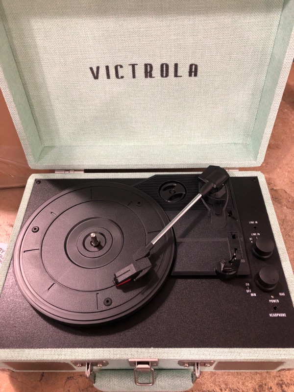 Photo 5 of Victrola Vintage 3-Speed Bluetooth Portable Suitcase Record Player with Built-in Speakers Upgraded Turntable Audio Sound Includes Extra Stylus Light Mint Green Linen