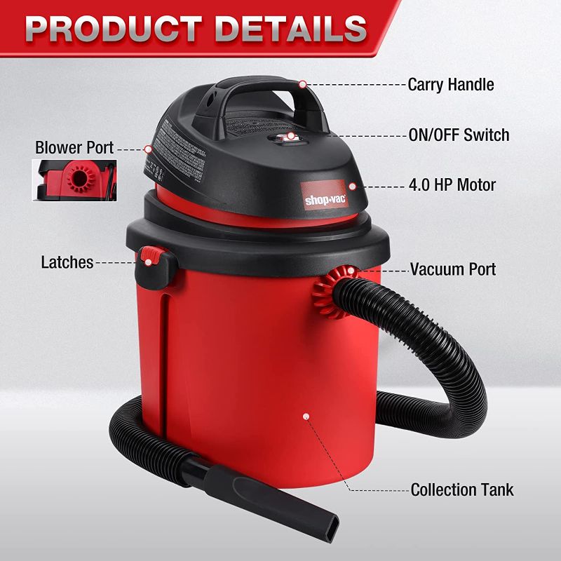 Photo 1 of Shop-Vac 4 Gallon 4.0 Peak HP Wet/Dry Vacuum, Portable Compact Shop Vacuum with Tool Holder, Wall Bracket & Attachments, Ideal for Home, Jobsite, Garage, Car & Workshop. 5890470
