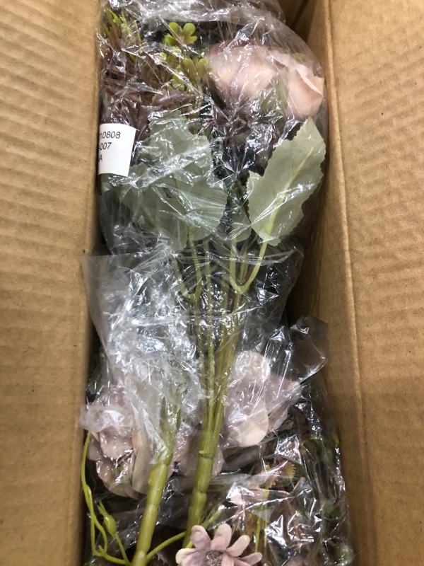 Photo 2 of 4 Pack Artificial Flowers with Stems Peony Hydrangea Plastic Flower Arrangements, Fake Faux Flowers for Indoor Decoration, Light Purple