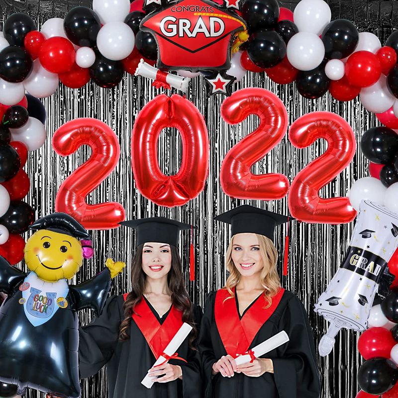 Photo 1 of 2022 Graduation Party Decorations Red Black Graduation Balloon Arch Kit Class of 2022 Grad Decor Supplies 32 Inch 2022 Balloons Fringe Curtains Backdrop for School College Grad Celebration
