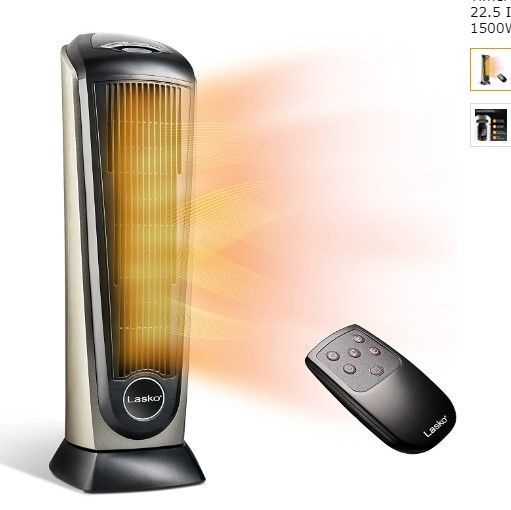 Photo 1 of Lasko Oscillating Ceramic Tower Space Heater for Home with Adjustable Thermostat, Timer and Remote Control, 22.5 Inches, Grey/Black, 1500W, 751320
