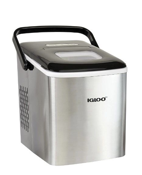 Photo 1 of Igloo Automatic Self-Cleaning Portable Electric Countertop Ice Maker Machine With Handle, 26 Pounds in 24 Hours, 9 Ice Cubes Ready in 7 minutes, With Ice Scoop and Basket, Stainless Steel
