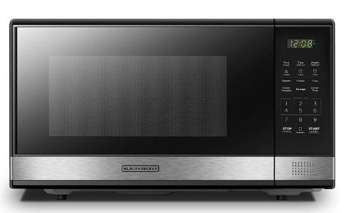 Photo 1 of BLACK+DECKER EM031MB11 Digital Microwave Oven with Turntable Push-Button Door, Child Safety Lock, 1000W, 1.1cu.ft, Black & Stainless Steel, 1.1 Cu.ft
