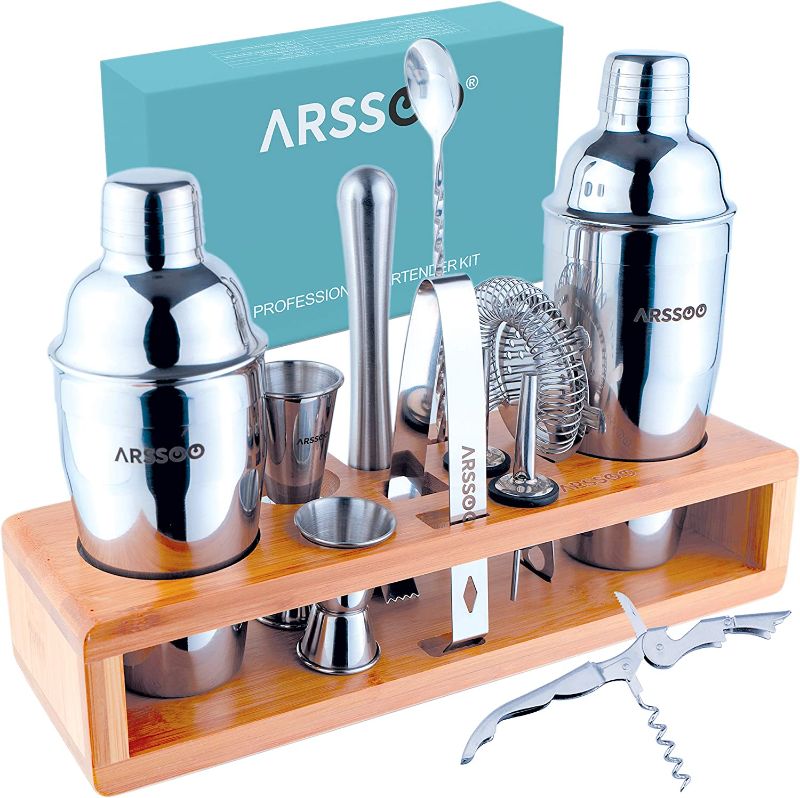 Photo 1 of Mixology Bartender Kit 16-Piece Premium Stainless Steel Cocktail Shaker Set & Stylish Bamboo Stand | Perfect Home Drink Mixing Bartending with Professional Bar Tools & Cocktail Kit | ARSSOO Bar Gift
