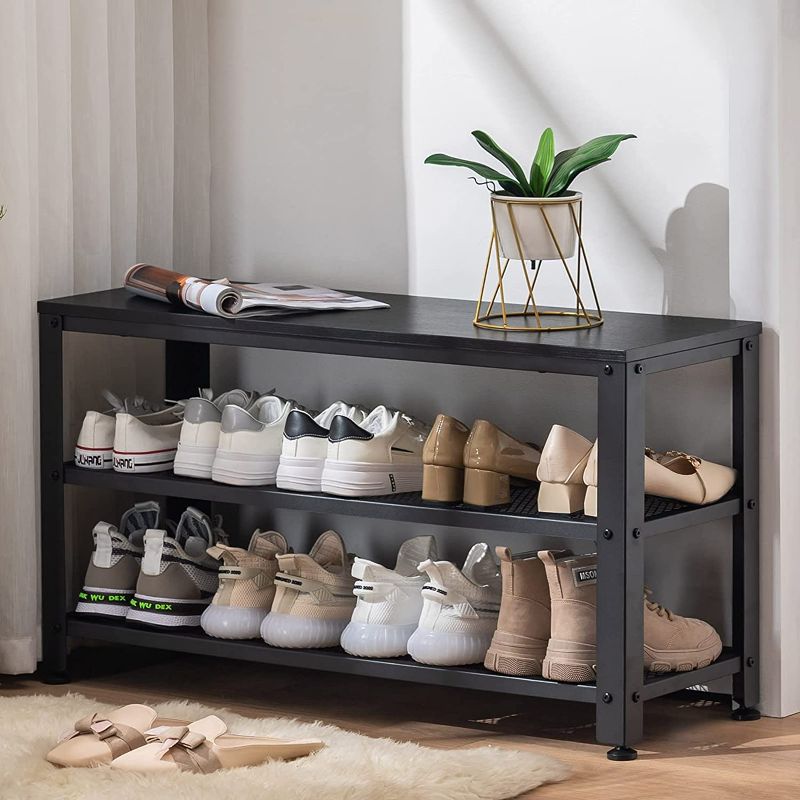 Photo 1 of APICIZON Shoe Bench, 3-Tier 35.5 Inches Shoe Rack for Entryway with Long Seat and Metal Shelves for Garage, Industrial Storage Bench with Steel Structure for Living Room, Bedroom, Mudroom, Black11.8"D x 35.4"W x 19.7"H
