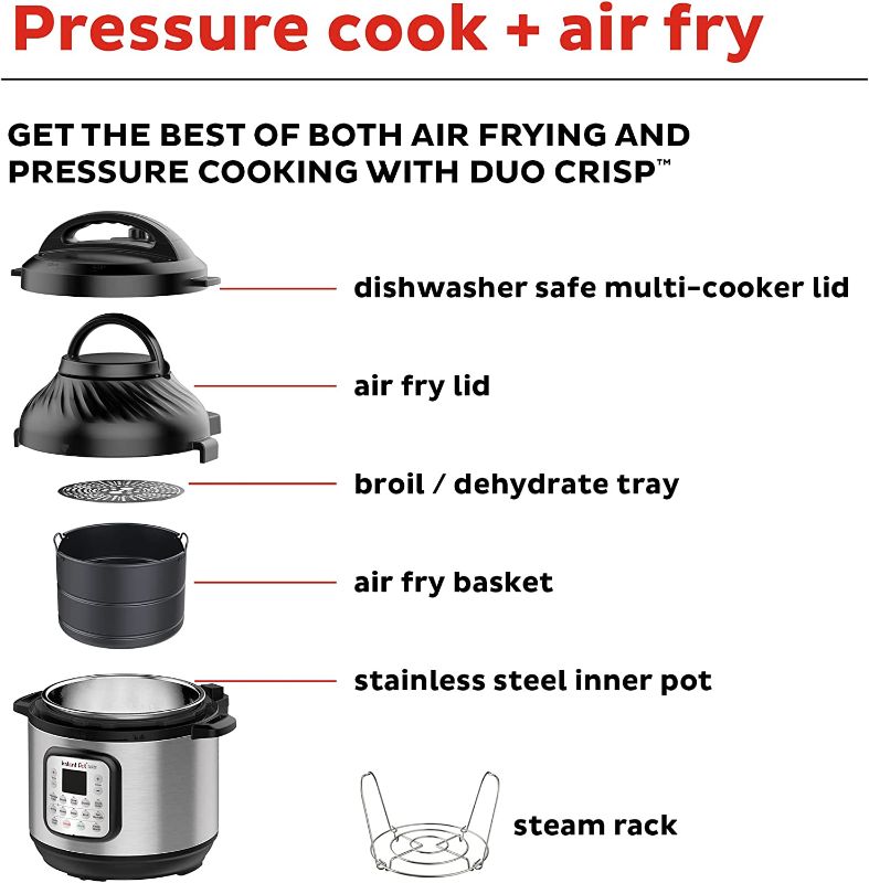 Photo 1 of Instant Pot Duo Crisp 11-in-1 Air Fryer and Electric Pressure Cooker Combo with Multicooker Lids that Air Fries, Steams, Slow Cooks, Sautés, Dehydrates, & More, Free App With Over 800 Recipes, 8 Quart
