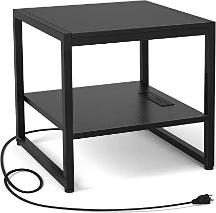 Photo 1 of Homieasy End Table with Charging Station, 20 Inch Square Side Table with USB Ports & Power Outlets, Black Nightstand with 2-Tier Storage Shelf, Mini Fridge Stand for Small Spaces, Black 