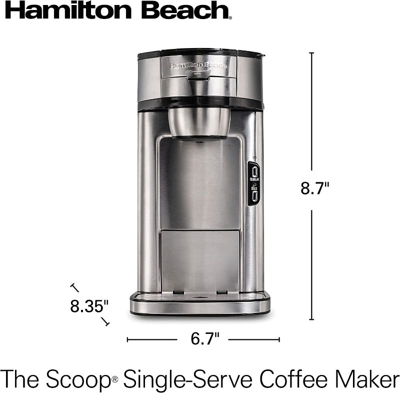 Photo 2 of Hamilton Beach Scoop Single Serve Coffee Maker & Fast Grounds Brewer, Brews in Minutes, 8-14oz. Cups, Stainless Steel
