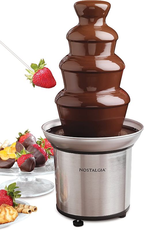 Photo 1 of Nostalgia 32-Ounce Stainless Steel Chocolate Fondue Fountain, 2-Pound Capacity, Easy to Assemble 4 Tiers, Perfect For Nacho Cheese, BBQ Sauce, Ranch, Liqueurs, 2-lb
