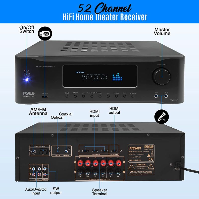 Photo 5 of 5.2-Channel Hi-Fi Bluetooth Stereo Amplifier - 1000 Watt AV Home Speaker Subwoofer Sound Receiver w/Radio, USB, RCA, HDMI, MIC in, Wireless Streaming, Supports 4K UHD TV, 3D, Blu-Ray - Pyle PT694BT.5
