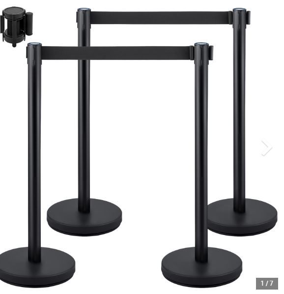 Photo 1 of VEVOR Crowd Control Stanchion, Set of 4 Pieces Stanchion Set, Stanchion Set with 6.6 ft/2 m Black Retractable Belt, Black Crowd Control Barrier w/Concrete and Metal Base ? Easy Connect Assembly
