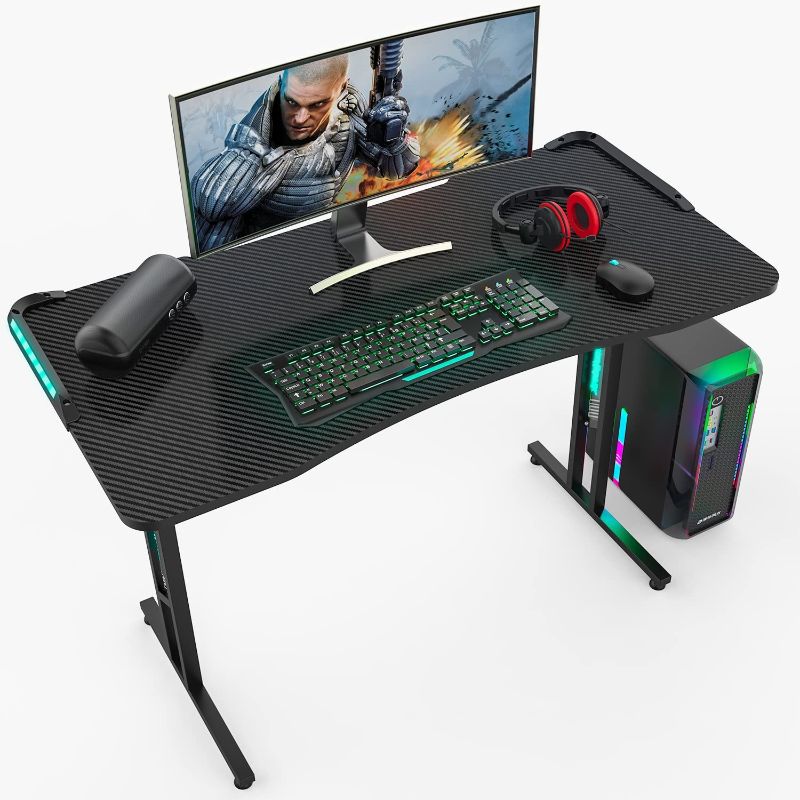 Photo 1 of SMUG 47in Computer T Shaped Ergonomic Home Office Desk Table Pc Gaming Workstation with Carbon Fiber Surface, Black

