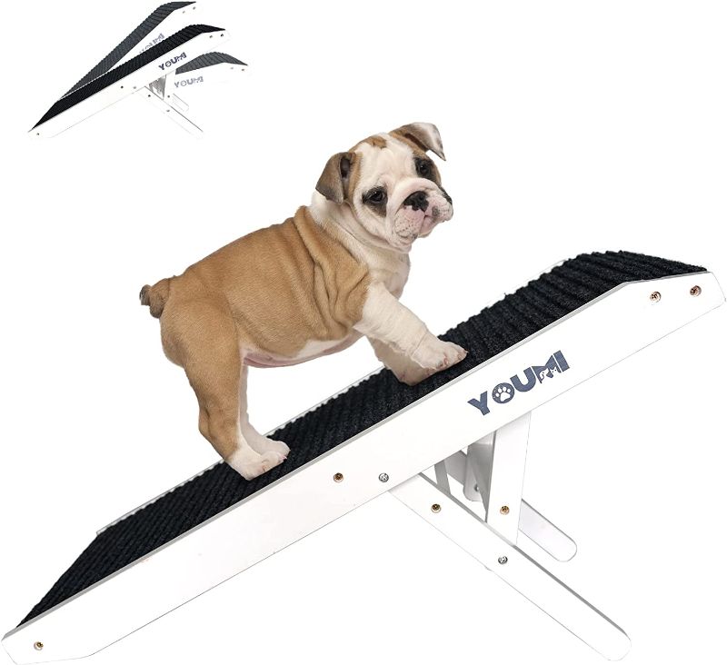 Photo 1 of 19" Adjustable Dog Climbing Ladder by YOUMI, Wooden Foldable Portable Dog & Cat Ramp Perfect for Bed and Car, Suitable for S/M/L Dogs Up to 90 LBS, 4 Levels Height Adjustable Dog Car Ramps (White)