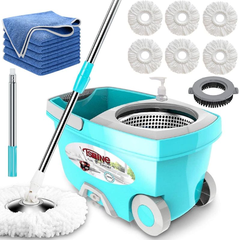 Photo 1 of Tsmine Spin Mop Bucket System Stainless Steel Deluxe 360 Spinning Mop Bucket Floor Cleaning System with 6 Microfiber Replacement Head Refills,61"Extended Handle, 2x Wheel for Home Cleaning - MINT
