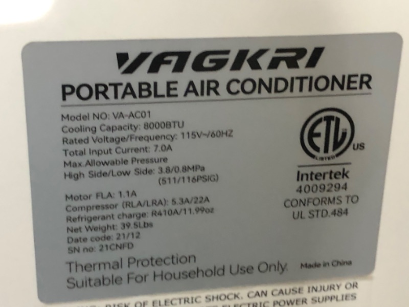 Photo 3 of VAGKRI Portable Air Conditioners 8000 BTU 3-in-1 AC Unit with Fan & Dehumidifier, Cools up to 250 sq. ft. ETL Protection with Side Handles & Casters, LED Display Full-Function, Remote Control, Timer
