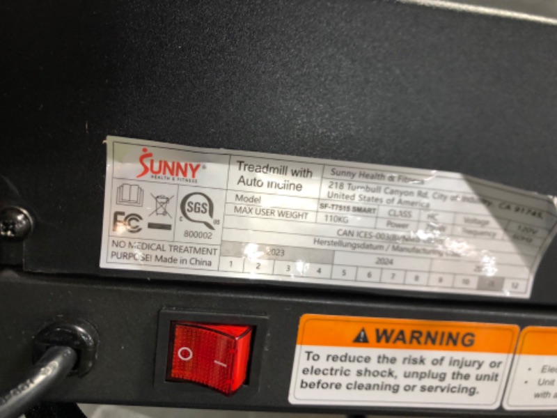 Photo 1 of **NON-REFUNDABLE, PARTS ONLY** Sunny Health & Fitness Premium Treadmill with Auto Incline, Dedicated Speed Buttons, Double Deck Technology, Digital Performance Display, BMI Calculator & Pulse Sensors with Optional SunnyFit App