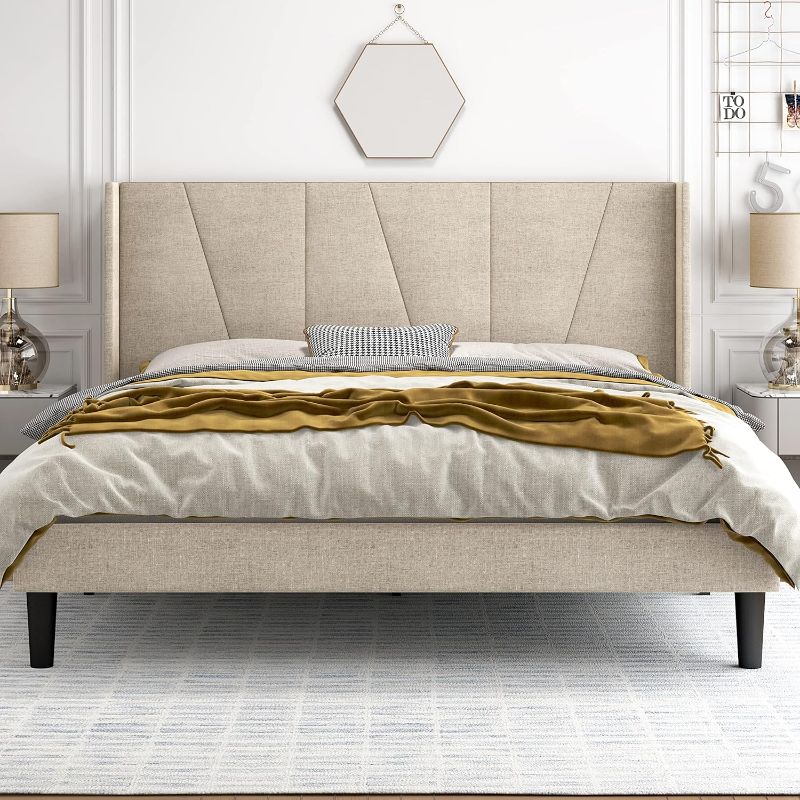 Photo 1 of **PARTIAL SET // BOX 2/2** 
HOOMIC King Size Platform Bed Frame with Geometric Wingback Headboard, Wooden Slats Support, No Box Spring Needed, Modern Style in Beige
