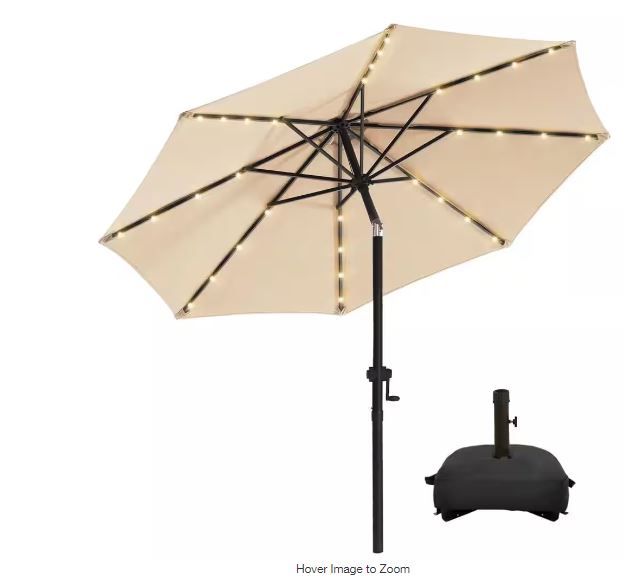 Photo 1 of 11 ft. Aluminum Solar Led Market Umbrella Outdoor Patio Umbrella with Base 32 LED Lights in Beige
