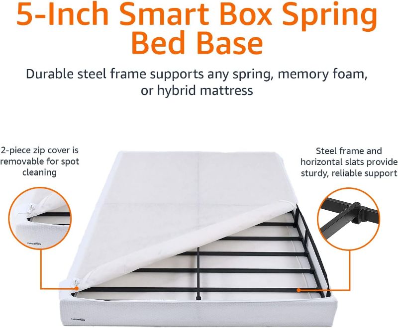 Photo 1 of Amazon Basics Smart Box Spring Bed Base, 5 Inch Mattress Foundation, Tool-Free Easy Assembly, King, White, 79 x 75.5 x 5 inches (LxWxH) White King