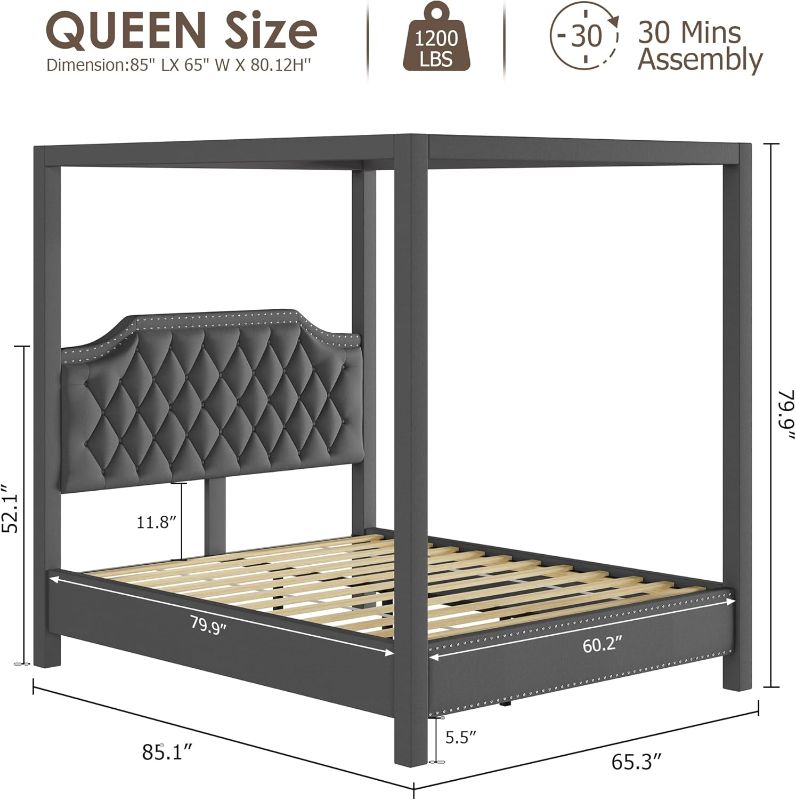 Photo 4 of ***SEE NOTES*** Upholstered Canopy Bed Frame Queen Size with headboard, Button Tufted, Nailhead Trim Design, No Box Spring Required, Gray