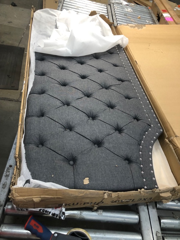 Photo 2 of ***SEE NOTES*** Upholstered Canopy Bed Frame Queen Size with headboard, Button Tufted, Nailhead Trim Design, No Box Spring Required, Gray