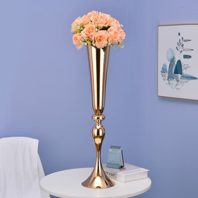 Photo 1 of  ECOM KING Trumpet Flower Vase Gold,Tall Centerpiece Vases for Table, Metal Wedding Flower Stand for Artificial Flower,Metal Flower Stand for Wedding Party Birthday Anniversary
