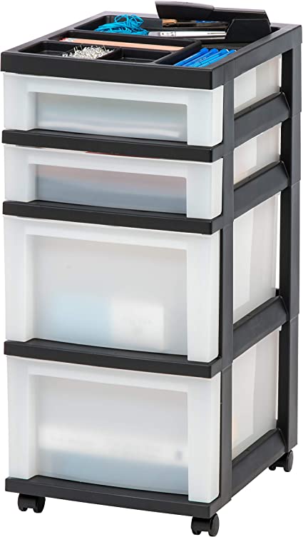 Photo 1 of IRIS USA Craft Plastic Organizers and Storage, Rolling Storage Cart for Classroom Supplies, Storage Organizer for Art Supplies, Drawer Top Organizer for Small Parts, 4 Drawer, Black/Pearl
