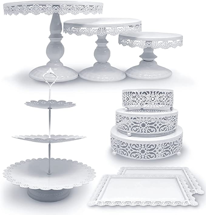 Photo 1 of (PARTS ONLY; MISSING MANUAL; BENT) Pashes Metal Cake Stands-White Serving Set Cake Stands and Display Trays-Cake Holder, Cake Plates, Lace Pattern, Cake Platter for Parties, Weddings and Birthday Cakes
