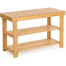 Photo 1 of (CRACKED END) SONGMICS 3-Tier Bamboo Shoe Bench, Shoe Rack Storage Organizer, 70 x 28 x 45 cm, ideal for Hallway, Bathroom, Living Room and Corridor LBS04N
