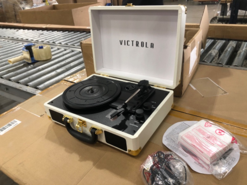 Photo 2 of Victrola Vintage 3-Speed Bluetooth Portable Suitcase Record Player with Built-in Speakers Upgraded Turntable Audio Sound Includes Extra Stylus White (VSC-550BT-WH)