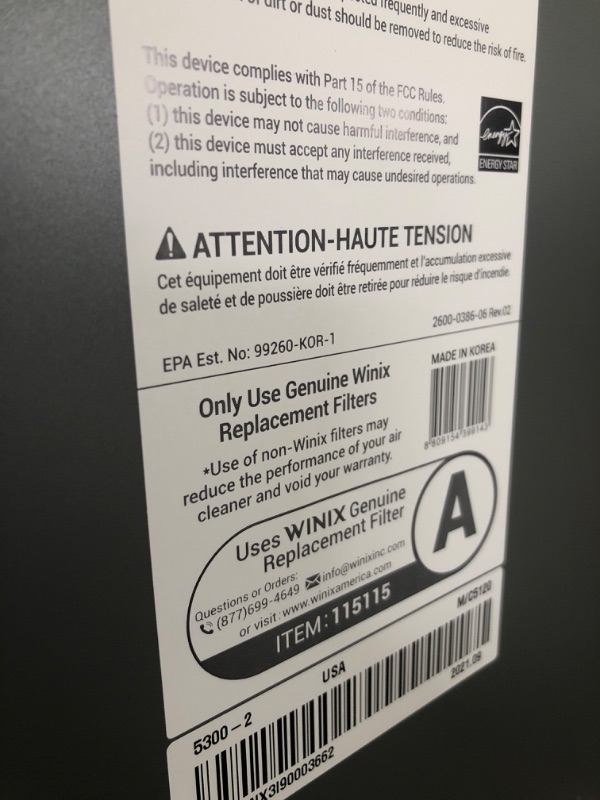 Photo 5 of Winix 5300-2 Air Purifier with True HEPA, PlasmaWave and Odor Reducing Carbon Filter,Gray
