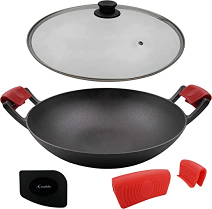 Photo 1 of 14-Inch Cast Iron Wok Set (Pre-Seasoned), Glass Lid & Silicone Hot Handle Holders
