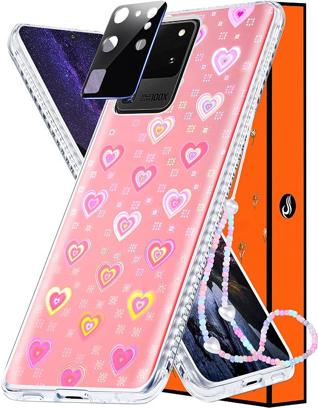 Photo 1 of LISEVO (3in1) Holographic Heart Case for Samsung Galaxy S20 Ultra 5G 6.9 inch Cute Hearts Iridescent Laser Glitter Bling Women Girls Aesthetic Design Pink Phone Cases+Camera Cover+Chain for S20 Ultra
