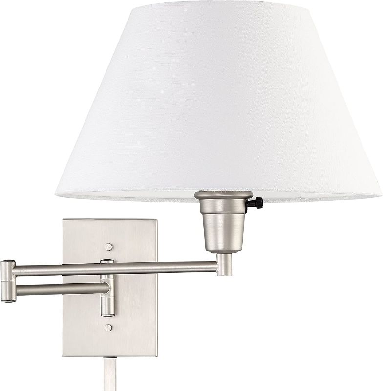 Photo 1 of Kira Home Cambridge 13 Swing Arm Wall Lamp - Plug in/Wall Mount + White Fabric Shade 150W 3-Way + Cord Covers Satin Nickel Finis