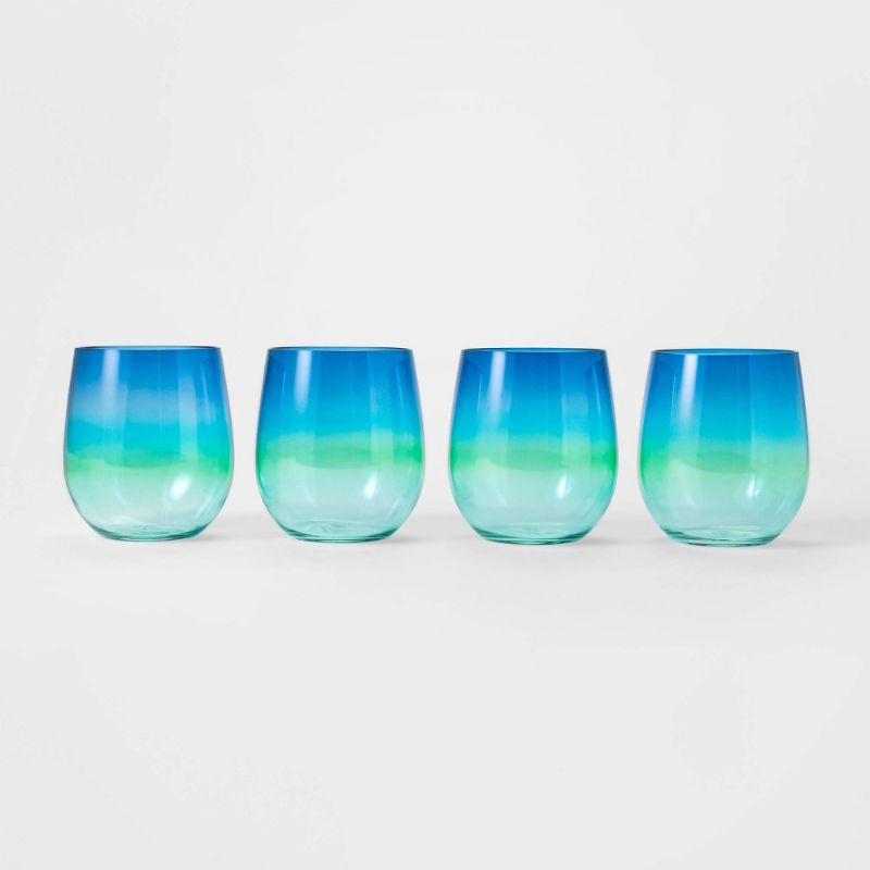 Photo 1 of 14oz 4pk Plastic Ombre Stemless Wine Glasses Blue - Sun Squad™
