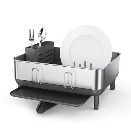 Photo 1 of Simplehuman Compact Steel Frame Dish Drying Rack, Brushed Stainless Steel, White Plastic
