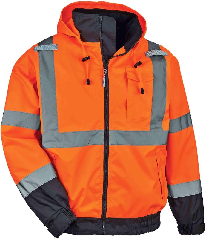 Photo 1 of High Visibility Reflective Winter Bomber Jacket, Zip Out Fleece Liner, ANSI Compliant, Ergodyne GloWear 8379,Orange,Medium

