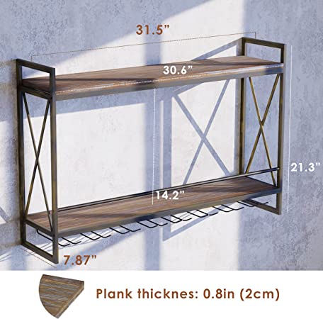 Photo 1 of (2 Tier - 31.5in - Brush Bronze) Industrial Wine Rack Wall Mounted, Wall Wine Rack, Hanging Wine Rack, 100% Pine Solid Wood, 100% Galvanized Steel
